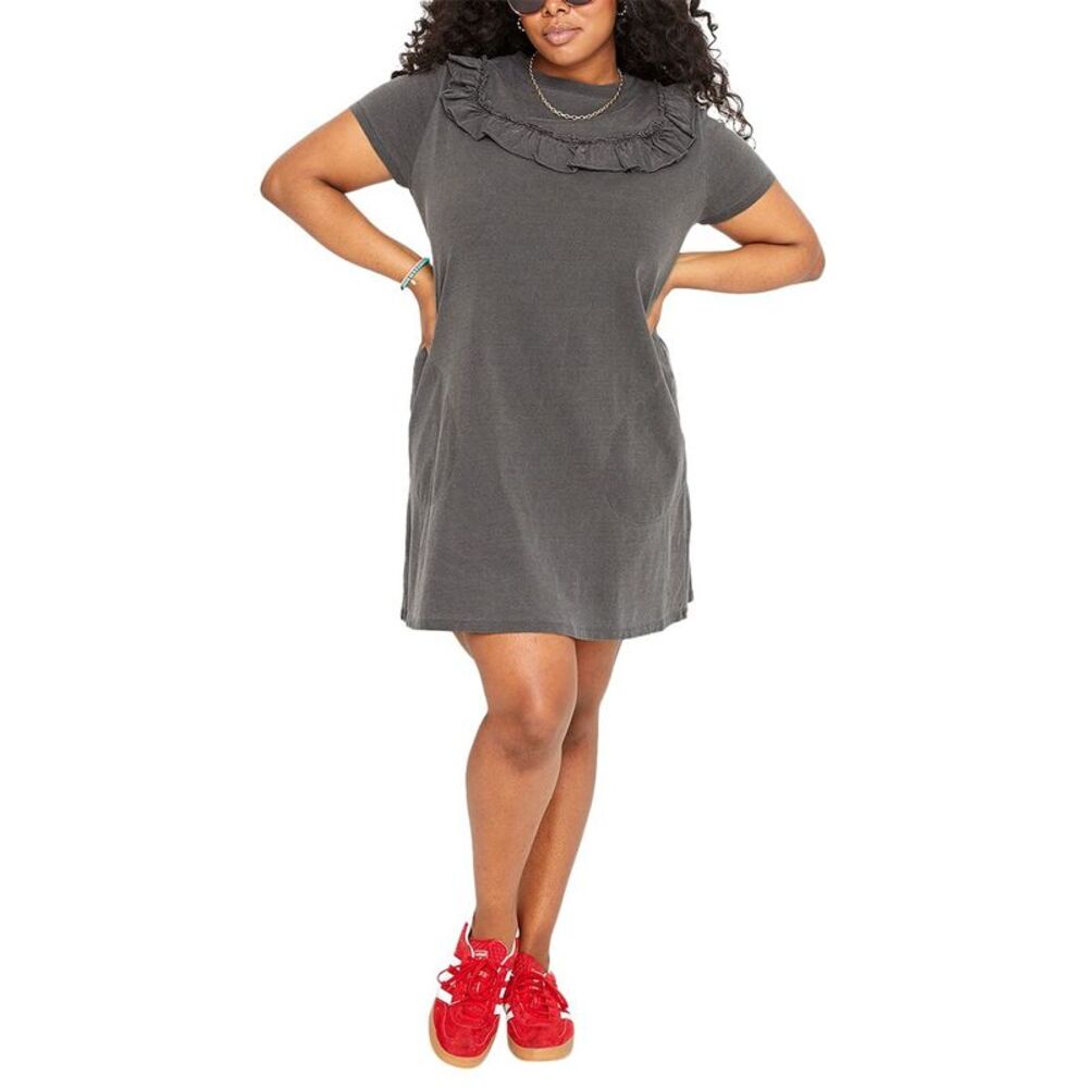 Midi Ruffle-Neck T-Shirt Dress in Charcoal